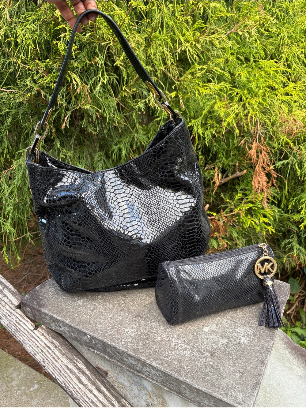 Michael Kors Black Patent Snake-Embossed Hobo Bag Gold Hardware & MK Makeup Bag
